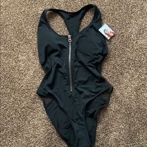 Black one piece swimsuit with mesh cut out
